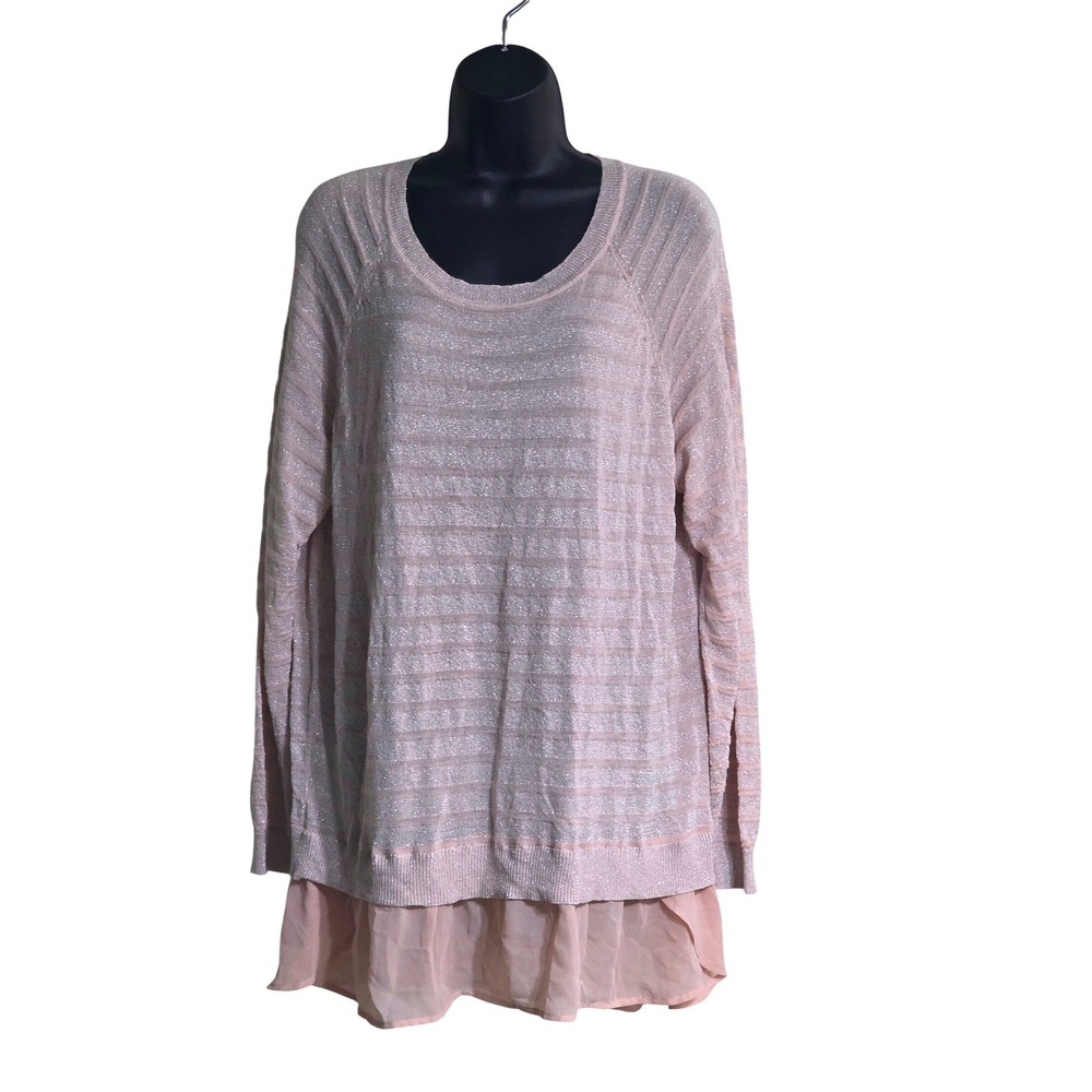 a.n.a A New Approach Pink Metallic Striped Layered Tunic Sweater 1X Womens